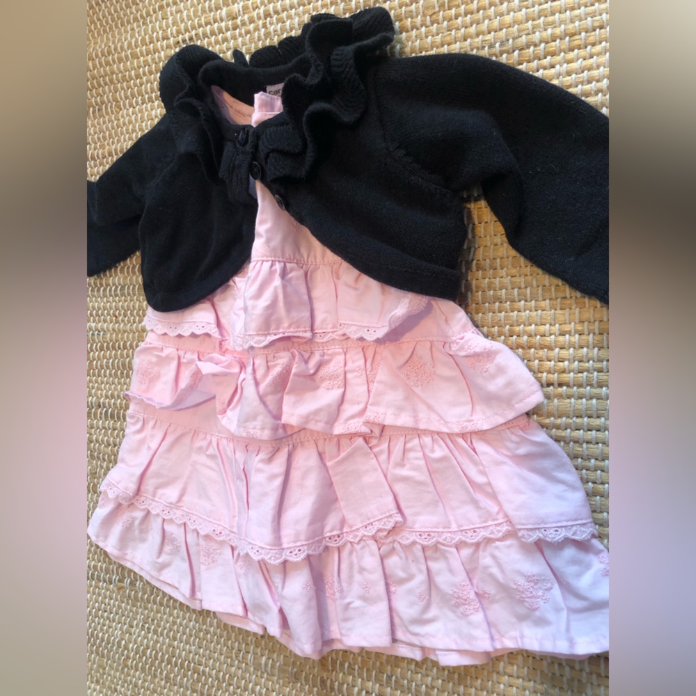 Dress/crop cardigan sz 3 mos Look brand new. Ruffles on both; dress embroidered